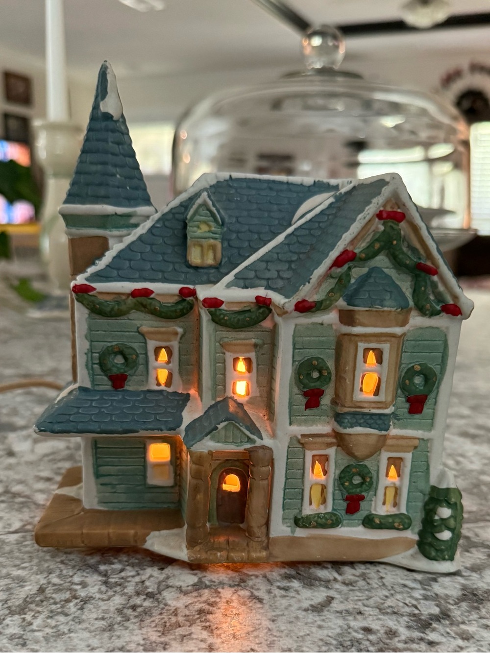 Holiday Light-Up Ceramic House - Blue and Green Decorative Village Accent